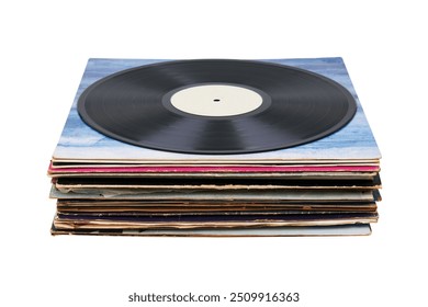 Vinyl record on a stack paper envelopes. Analog sound. Classic audio. Isolated on white background