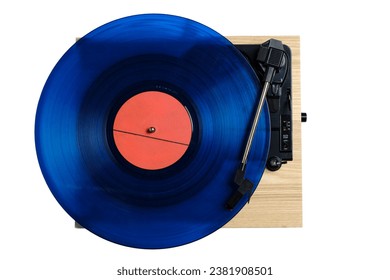 Vinyl record player with blue record installed top view white background