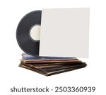 Vinyl record in white paper case. Vinyl envelope. Analog sound. Classic audio. Isolated on white background