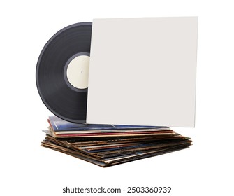 Vinyl record in white paper case. Vinyl envelope. Analog sound. Classic audio. Isolated on white background