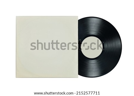 Vinyl record in white paper case. Mockup vinyl envelope. Music album sleeve. Music vintage style. Classic audio. Analog sound. Black disk. Old technology. Ready for content. Flat lay isolated on white