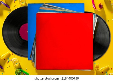 Vinyl Records, Party Music, Top View. Empty Copy Space For Record Label Mockup. Vintage Retro Sound Recording Style. Background For The Design Of A Poster, Postcard, And Flyer For Music Events.