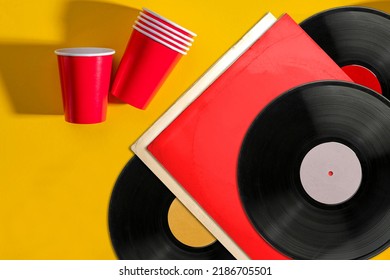 Vinyl Records, Party Music, Top View. Empty Copy Space For Record Label Mockup. Vintage Retro Sound Recording Style. Background For The Design Of A Poster, Postcard, And Flyer For Music Events.