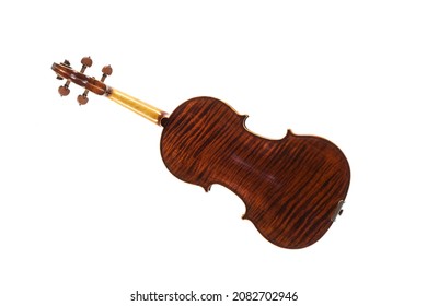 Viola From Behind Showing The Wood Grain, Stringed Musical Instrument From The Viol Family, Used In String Quartet, Chamber Music And Symphony Orchestra, Isolated On A White Background, Copy Space