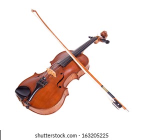 viola on a white background. Musical instrument with a bow on a white background. Old fiddle with a bow..