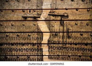 Violation of the secret code file - concept image with binary code agaist an old rusty metal door on wooden background