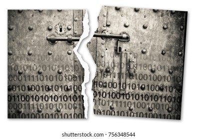 Violation of the secret code file - concept image with binary code agaist an old rusty metal door