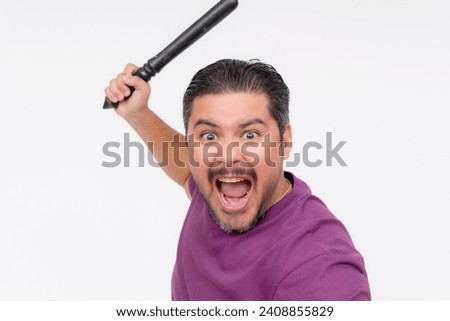 A violent man attempting to swing with a baton. Hostile person using a blunt weapon to hit someone. Isolated on a white background.