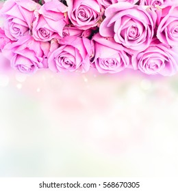 Violet blooming fresh roses border with copy space on bokeh background - Shutterstock ID 568670305