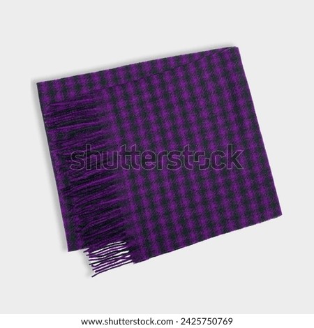 Violet cotton wool thread scarf. Thick warm scarf, black too, for coming season. Clothing to wear in autumn and winter frigid seasons. Outfit to keep your face, neck and back warm isolated on white