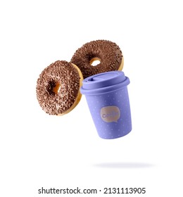 Violet To Go Cup Hot Coffee With Chocolate Donuts Flying Isolated On White Background. Porcelain Travel Mug In Trendy Color Of Year 2022 Very Peri