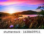 Violet hour at sunset in the valley of Wichita Mountains Wildlife Refuge near Lawton, Oklahoma, USA.