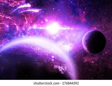 Violet Planet and Moon Over a glowing Star - Elements of this image furnished by NASA - Powered by Shutterstock