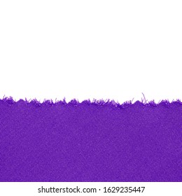 Violet Or Purple Cut Piece Of Fabric. Frame Isolated On A White Background. Template, Background, Empty Space. Fabric Texture, Sewing Material, Torn Cloth. Rag Background With Torn Ragged Edge.