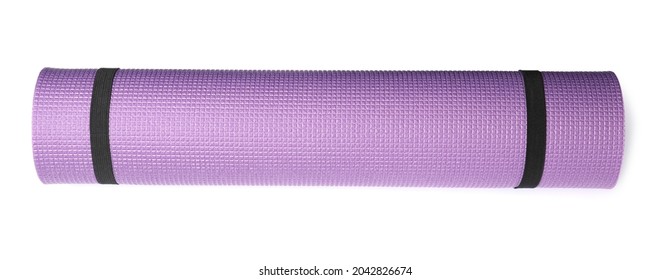 Violet Rolled Camping Or Exercise Mat On White Background, Top View