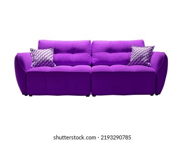 Violet Sofa With Checkered Pillows Isolated. Upholstered Furniture For Living Room. Purple Couch Isolated