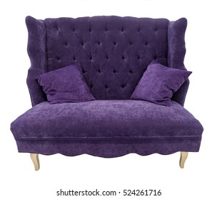 Violet Sofa With Pillows. Soft Purple Couch. Isolated Background. Velour Setee Or Bench 