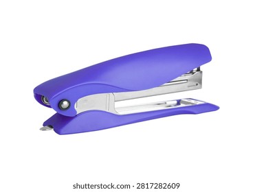 Violet stapler, desktop accessory, binding tool, plastic finish.