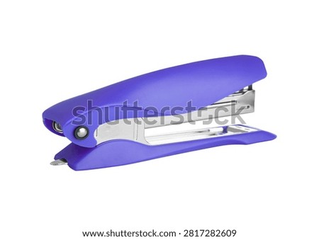 Violet stapler, desktop accessory, binding tool, plastic finish.