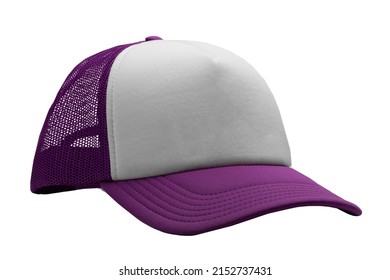 Violet Trucker Cap Isolated On White Background. Basic Baseball Cap. Mock-up For Branding.