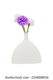 Violet And White Flowers In Trendy Vase. Modern Posy, Floral Bouquet Isolated On White Background.