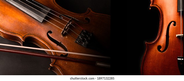 Violin with bow orchestral music instrument on the dark background