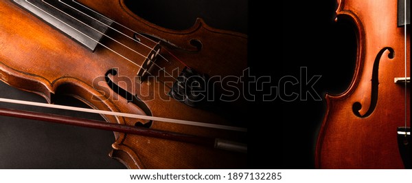 Violin with bow orchestral music instrument on\
the dark background