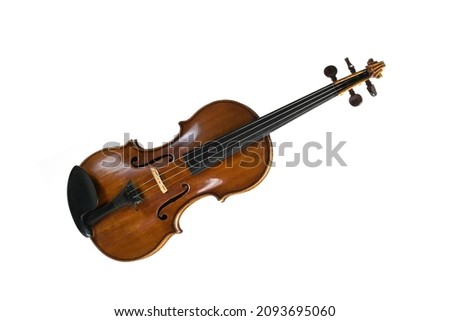Violin also called fiddle, a stringed musical instrument from the viol family, used in string quartet, chamber music and symphony orchestra, isolated on a white background, copy space