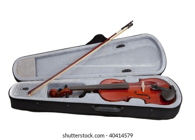 A violin in a case with a bow on a white background