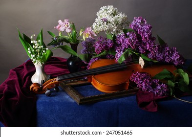 Violin and lilac on the blue