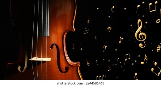 Violin, music notes and other musical symbols on black background, banner design