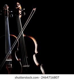 Violin orchestra music instrument isolated on black background. Two string musical instruments with bow - Powered by Shutterstock