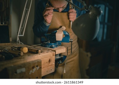 The violin scroll is examined under bright lamplight by a luthier in Cremona. The wooden workpiece rests in a blue vise, surrounded by fine tools and history-rich ambiance of Italian craft.