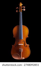 Violin standing vertically, showcasing strings and wooden body against a dark backdrop