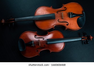 Violin and Viola put on background,show different size and detail of acoustic instrument,on black canvas background