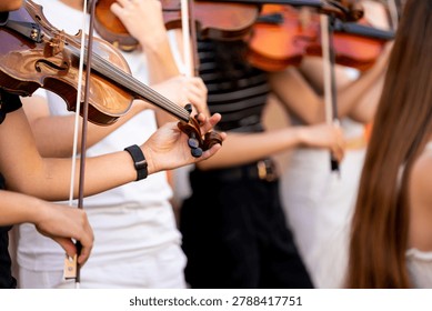 Violinists playing string instruments, creating musical harmony at a public outdoor performance