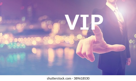 VIP concept with businessman on blurred city background  