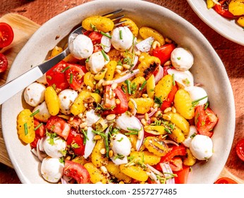 Viral Crispy gnocchi fresh salad served in a bowl, top view with mini mozzarella balls, red onion, cherry tomatoes, pine nuts, and chives mixed with a fork - Powered by Shutterstock