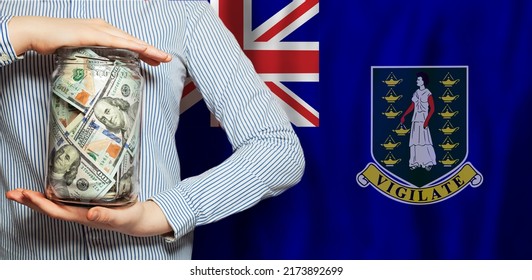 Virgin Islands Flag And Us Dollars Cash Money In Glass Jar, Currency Exchange, Finance And Saving Money Concept