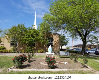 Virgin Mary Birdbath Garden Outside Military Chapel At Fort Hood, Texas.