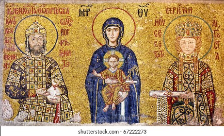 Virgin Mary Holding The Christ Child. Byzantine Mosaic Art.