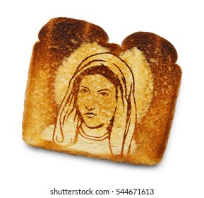 Virgin Mary Image On Burnt Toast Isolated On White Background.