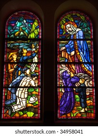 Virgin Mary Stained Glass Notre Dame Cathedral, Nha Tho Duc Ba, build in 1883 largest cathedral in French Empire Saigon Ho Chi Minh City Vietnam