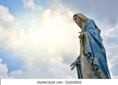 The Virgin Mary Statue At The Cathedral Of The Immaculate Conception Is A Roman Catholic Diocese Of Chanthaburi. , Process In Soft Orange Sun Light Style