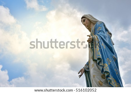 The Virgin Mary statue at The Cathedral of the Immaculate Conception is a Roman Catholic Diocese of Chanthaburi. , process in soft orange sun light style
