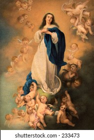 Virgin Mary, Surrounded By Angels - A 1900 Chromolithograph Of A Vintage Painting