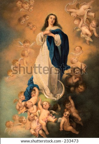 Virgin Mary, surrounded by angels - a 1900 chromolithograph of a vintage painting
