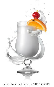 Virgin Pina Colada White Cocktail With Milk Splash Isolated White