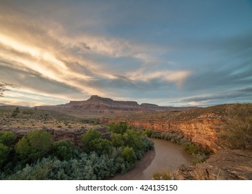 Virgin River And Hurricane Mesa At Sunset