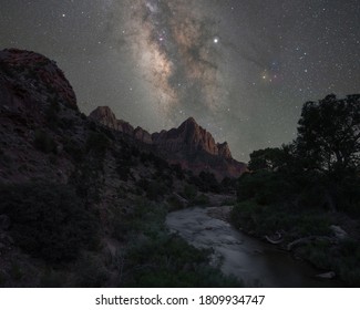 Virgin River And Watchman Mountain Under The Starry Night Sky And Milky Way Galaxy In Zion National Park, Utah